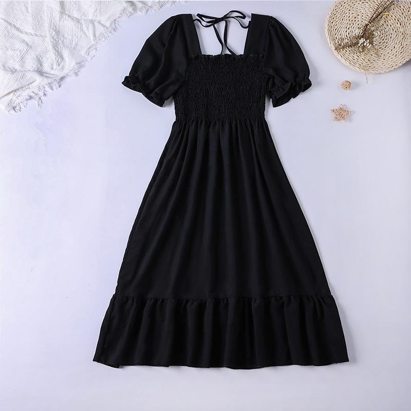 Spring Summer Pleated Women Square Collar Chiffon Dresses Casual Beach Holiday Short Sleeve Square Collar Woman Midi Dress Bohemian Mujer Vestidos