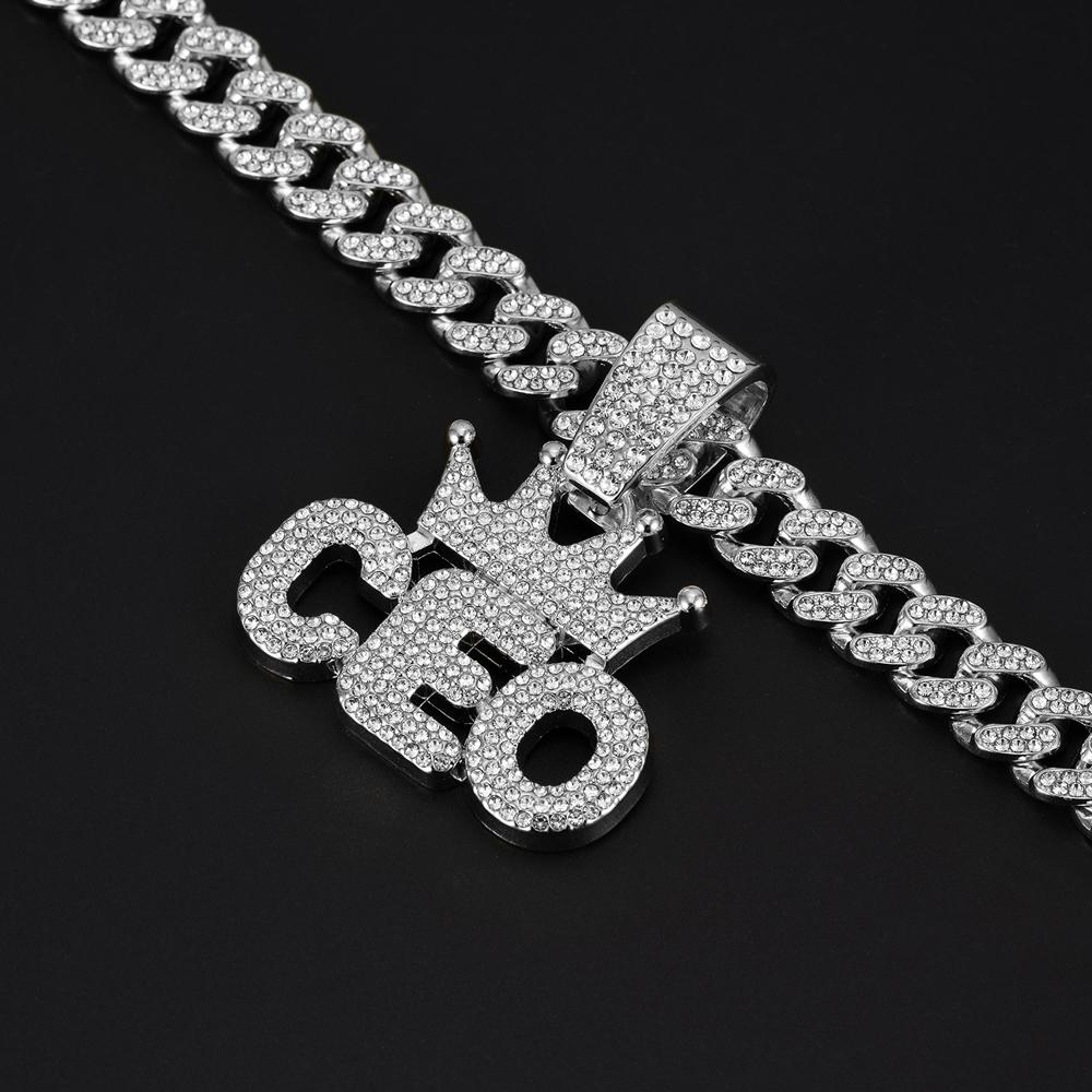Men Hip Hop Crown CEO Letter Pendant with Cuban Link Chain Necklace For Women Men Bling Iced Out Rhinestone Necklaces Jewelry
