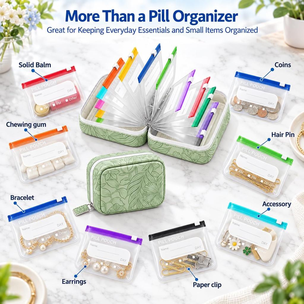 A8 Waterproof Pill Pouch Set-14pcs Bags Inside, Pill Organizer Binder-Coded Pouches, Leakproof Reusable Zippered Storage Case, Air Tight Pocket Color