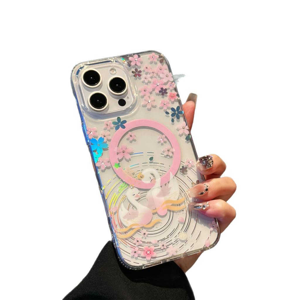 Для IPhone 17 ProMax Магнитный чехол для телефона N52 с лазерным изменением цвета для Apple 16 Прозрачная защитная крышка «Цветущая сакура»
