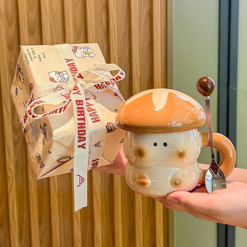 Подарочная коробка на день рождения, нишевая мультяшная керамическая чашка для воды с крышкой, кружка-гриб, практичный сувенир для подруг