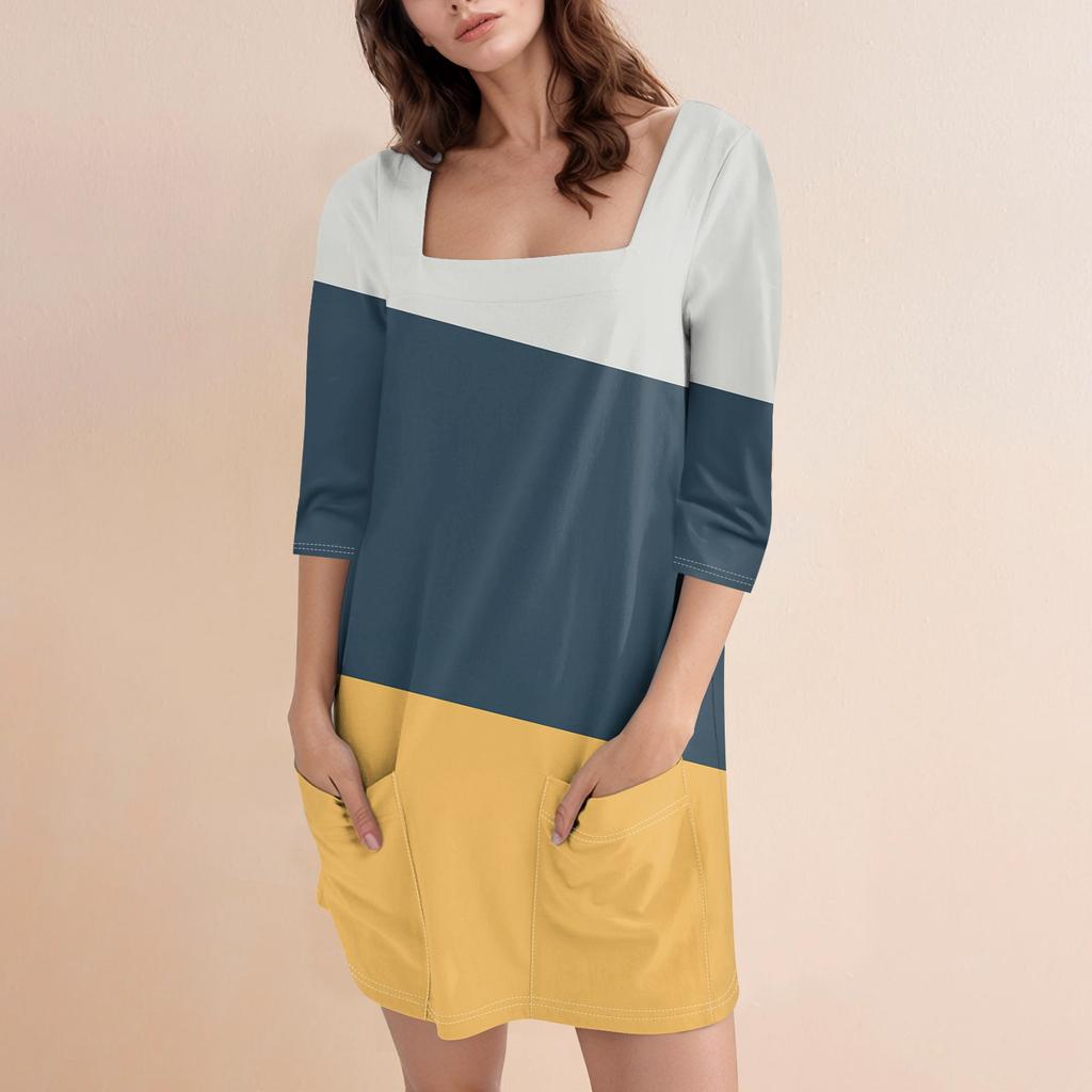 Женское модное повседневное короткое платье с квадратным вырезом и рукавом 3/4