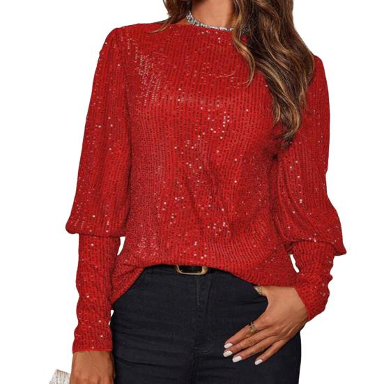 Women Tops Round Neck Lantern Long Sleeve Jumper Tops Loose Fit Glitter