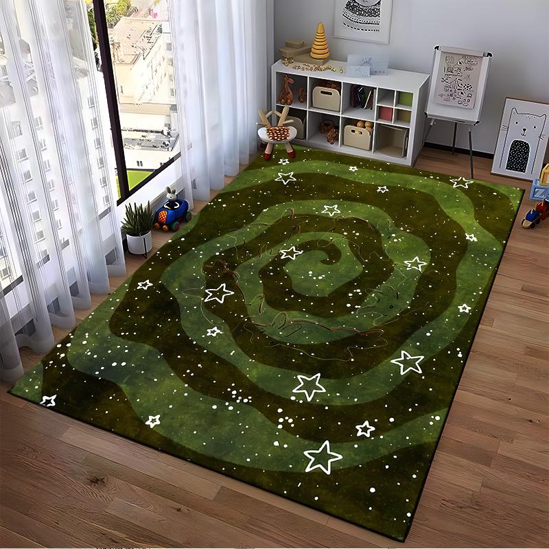 Green Spiral Galaxy Pattern Carpet with Stars and Animal Design Suitable for use as an anti-slip for living room bedroom sofas