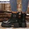 Мода Женские ботильоны на платформе Меховая массивная обувь Зимние короткие плюшевые сапоги 2025 Тренд Шнуровка Застежка-молния Кожа Готика Теплые ботильоны Mujer