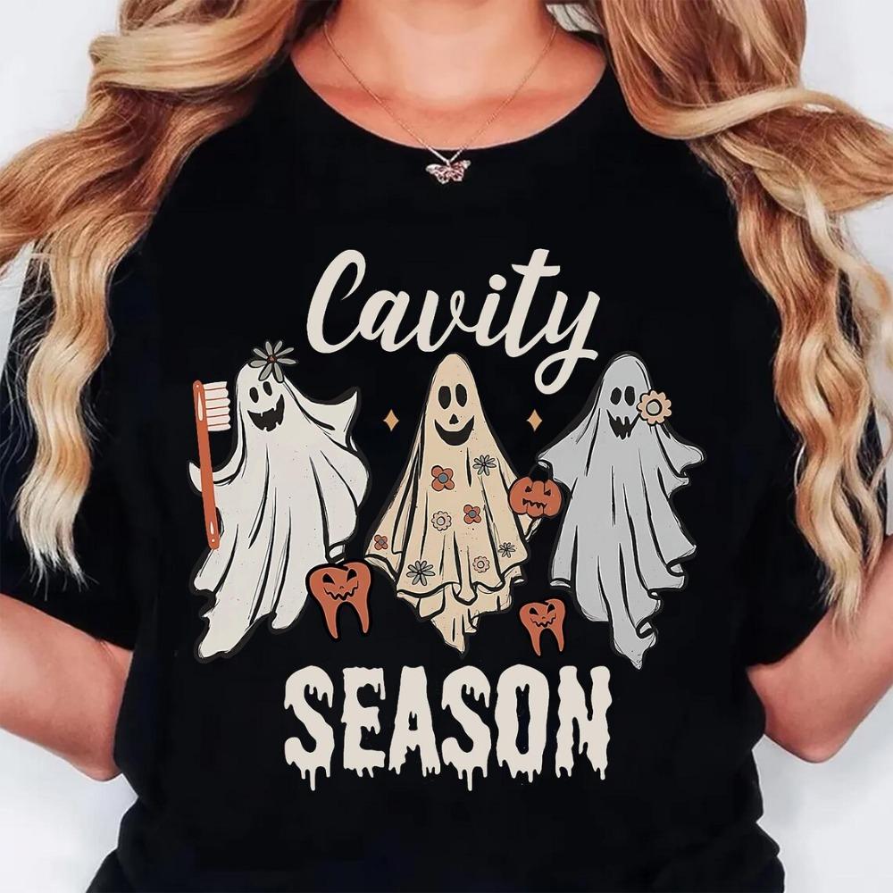 Dental Halloween T-shirt Fun Dental Teeth T-shirt Women's Manga Pattern Round Neck Top Harajuku T-shirt Women's Fashion Top