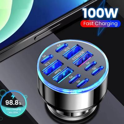 100 Вт 10 портов Автомобильное зарядное устройство Быстрая зарядка PD QC3.0 USB C Автомобильное зарядное устройство для телефона Адаптер Type C в автомобиле Для iPhone Samsung Huawei Xiaomi
