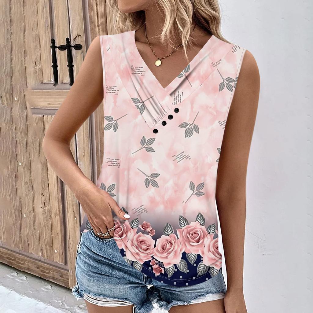Летние женские топы на бретелях с v-образным вырезом, повседневные рубашки без рукавов с принтом, повседневные свободные плиссированные футболки, футболки, женская блузка