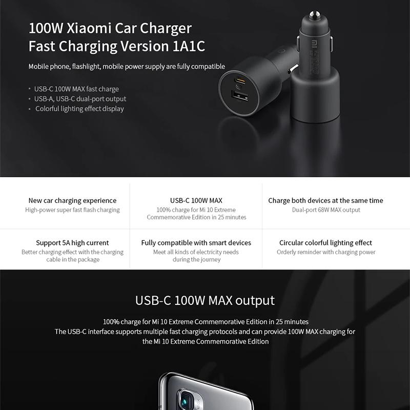 Оригинальное автомобильное зарядное устройство Xiaomi, 100 Вт, быстрая автомобильная зарядка, двойной порт USB-A, USB-C, автомобильное быстрое зарядное устройство для смарт-устройств CC07ZM