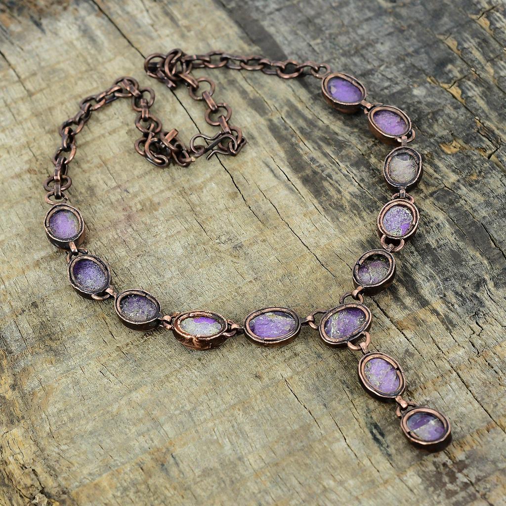 Ожерелье из пурпурита, гальванопластика, медь, регулируемая цепочка, украшения ручной работы, ожерелье с драгоценным камнем, гальванопластические украшения, подарки на помолвку