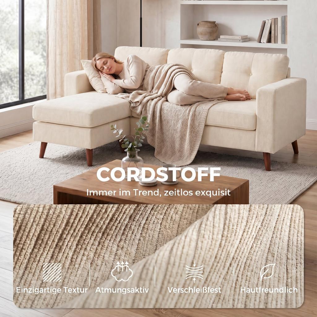 Corner Sofa 192 cm L-Shape 3-Seater Sofa with Reversible Chaise Longue, Corduroy Look, for Small Spaces, Cream White