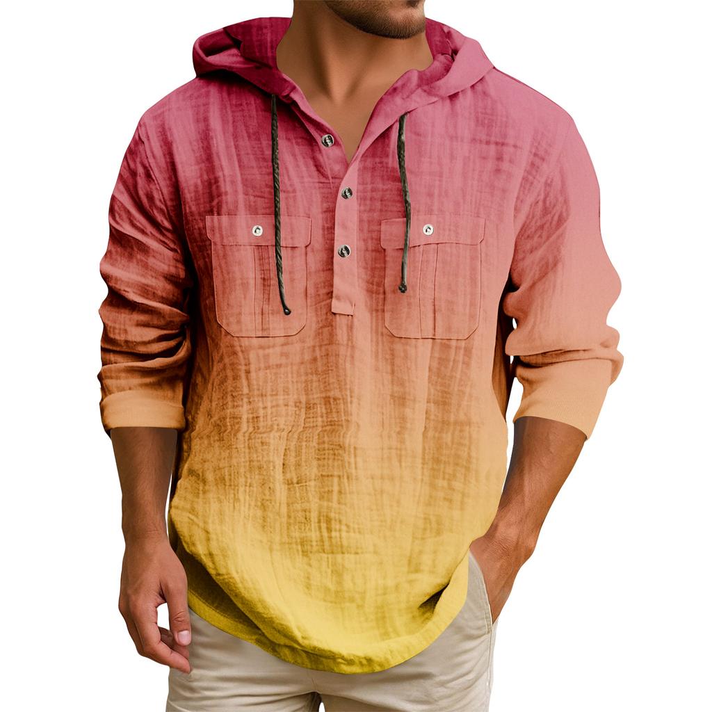 Men's Hooded T-shirt Gradient Color Cotton And Linen Men's Casual Long-sleeved Top