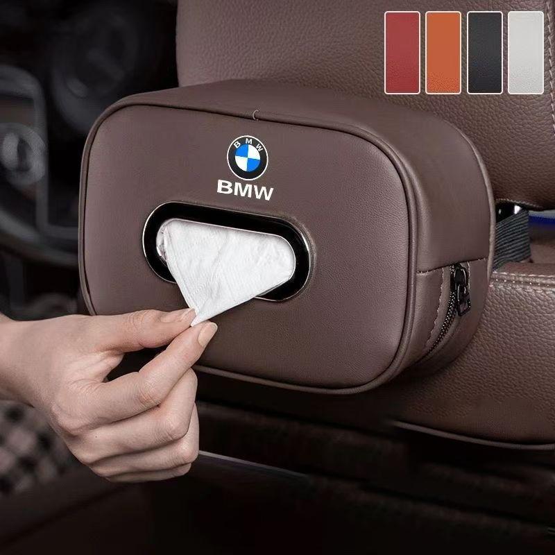 BMW Car Headrest Tissue Box, Premium PU Leather Hanging Napkin Holder, Universal Auto Seat Back Tissue Case,Car Interior Accessories