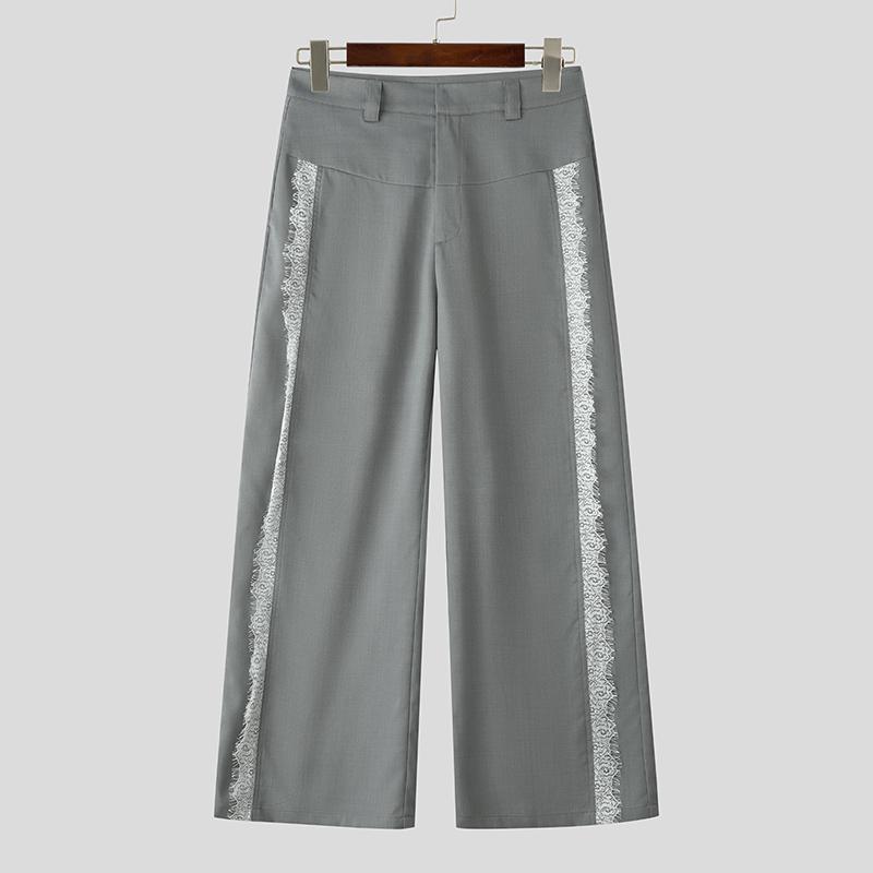 INCERUN Мужские повседневные длинные прямые брюки на молнии с кружевной вставкой сбоку на талии