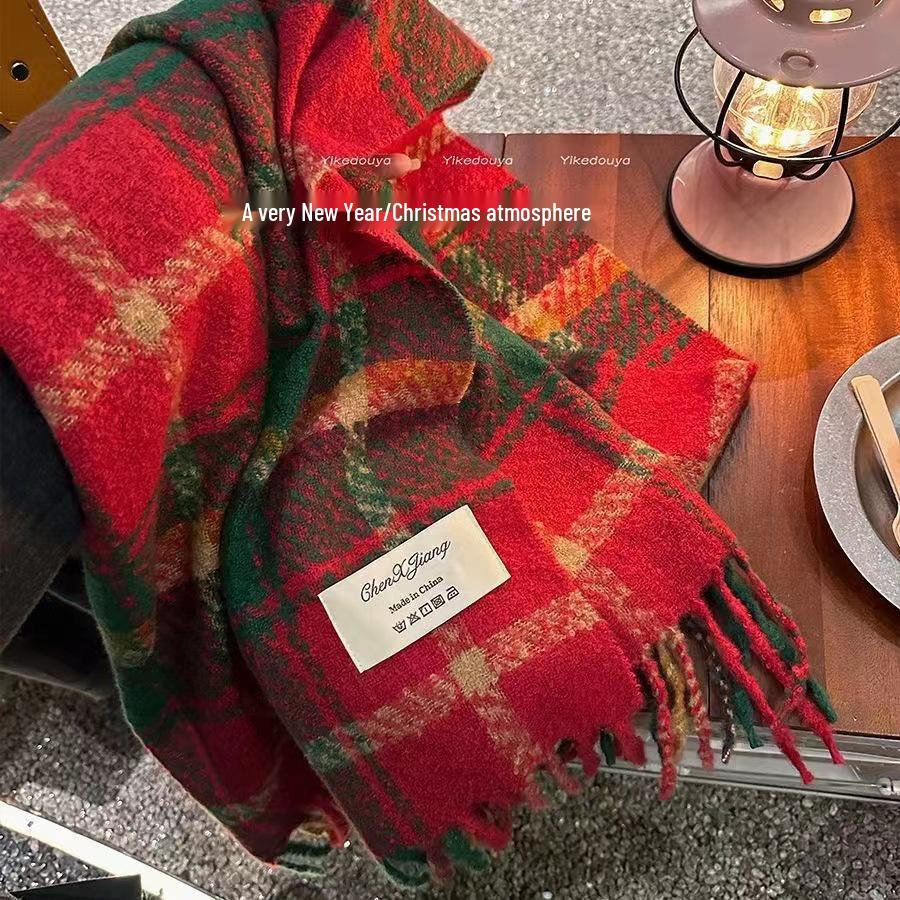 Красный клетчатый шарф в корейском стиле - Женский праздничный, теплый, универсальный зимний снуд