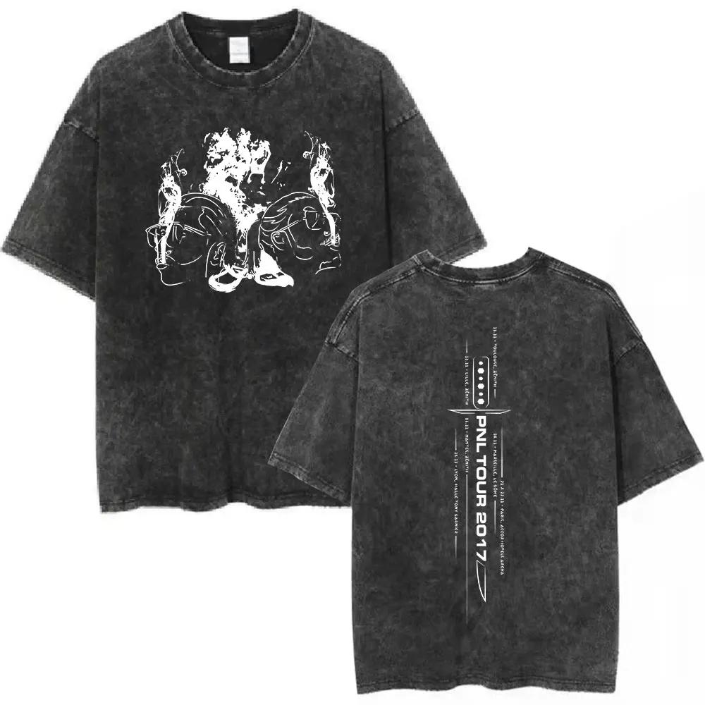 Fashion Vintage Washed T-Shirts French Rap Band Le Monde Chico Album PNL Onizuka T Shirt Casual Oversized Tee Shirt Streetwears