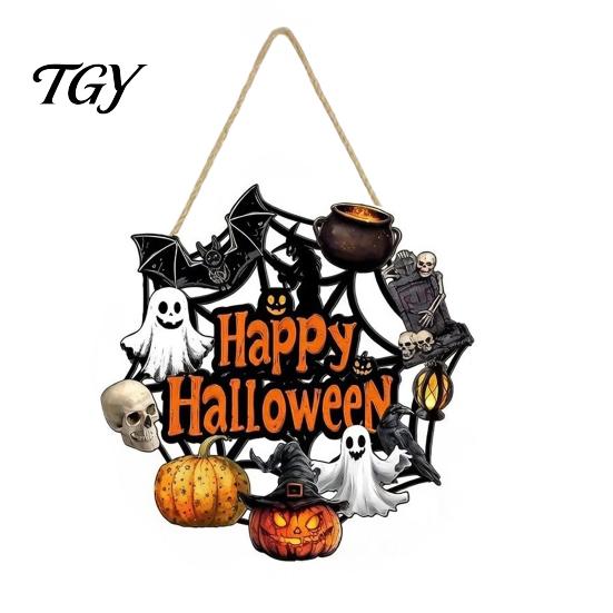 Fall Front Porch Signs Halloween Wooden Wreath Door Hanger Sign, Pumpkin Ghost Black Cat Witch Weatherproof Wall Decorations Bat Patterns, Hanging
