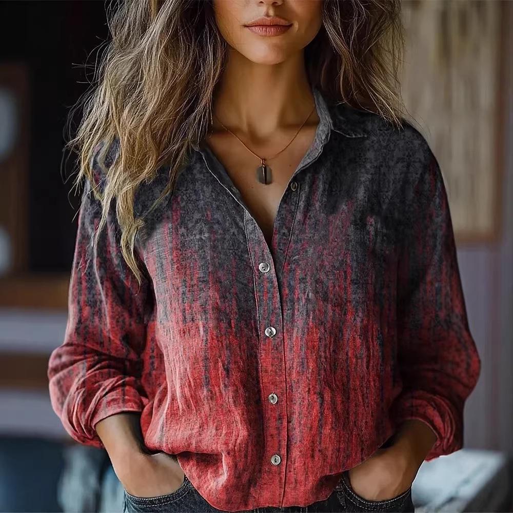 Женская повседневная рубашка с ретро-принтом, длинный рукав, 2025 г. - Весна/Лето, смесовая ткань хлопок/лен