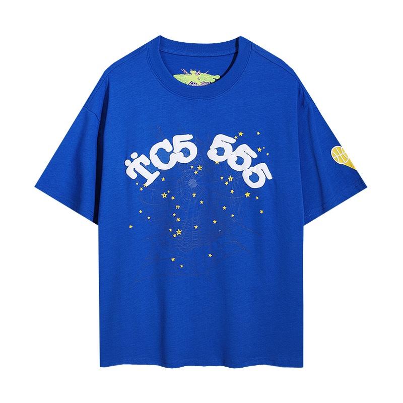24S cross-border European and American trendy brand Sp5de spider web 555 portrait letter foam short-sleeved t-shirt men's and women's high street 