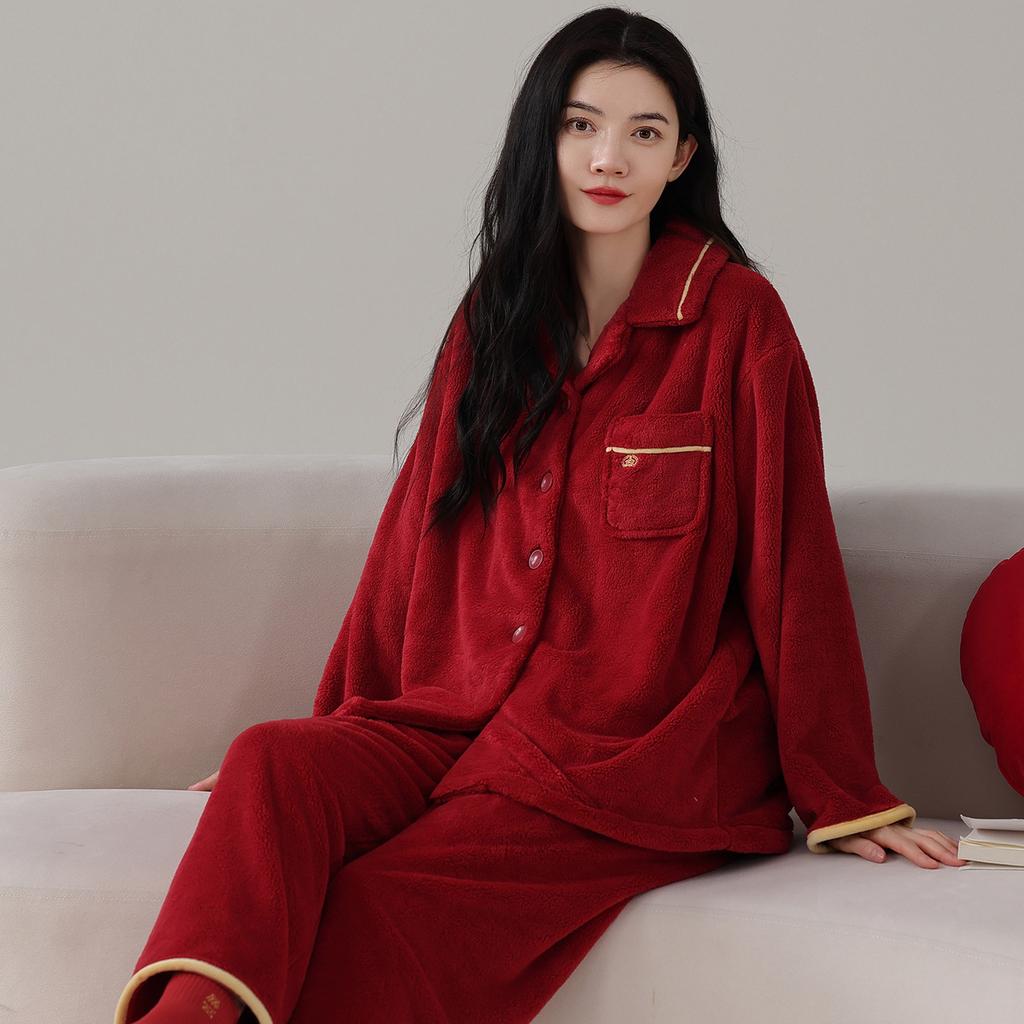 Красная свадебная пижама из кораллового флиса, костюм для пары молодоженов, осенне-зимняя утолщенная фланелевая пижама, новогодняя домашняя одежда для мужчин и женщин