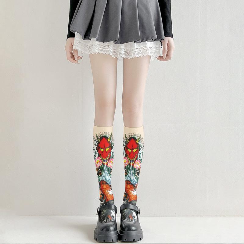 Модные носки с татуировкой на бедрах, чулки с принтом, девушки Лоли, японские сексуальные чулки, тонкие модели, разные размеры
