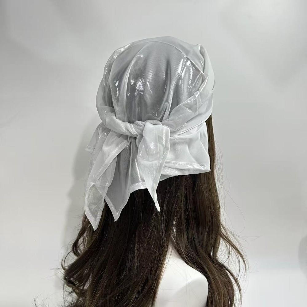 Polyester Shiny Metallic Bandana Stripe Satin Square Turban Liquid Silvery Headscarf Outings
