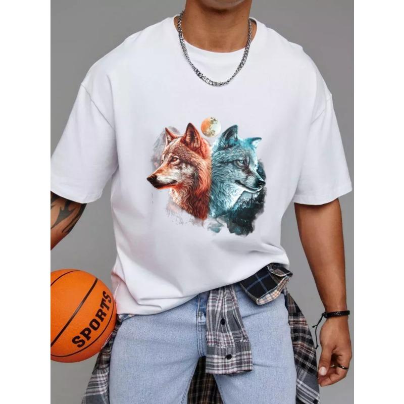 Wolf Graphic T Shirt White Two Wolves Design with Moon and Nature Elements Casual Wear for Men and Women Outdoor Adventure and Everyday Style