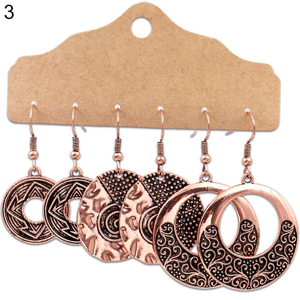 Fashion Bracelet 3Pairs Boho Gypsy Women Feather Round Hollow Dangle Hook Earrings Party Jewelry