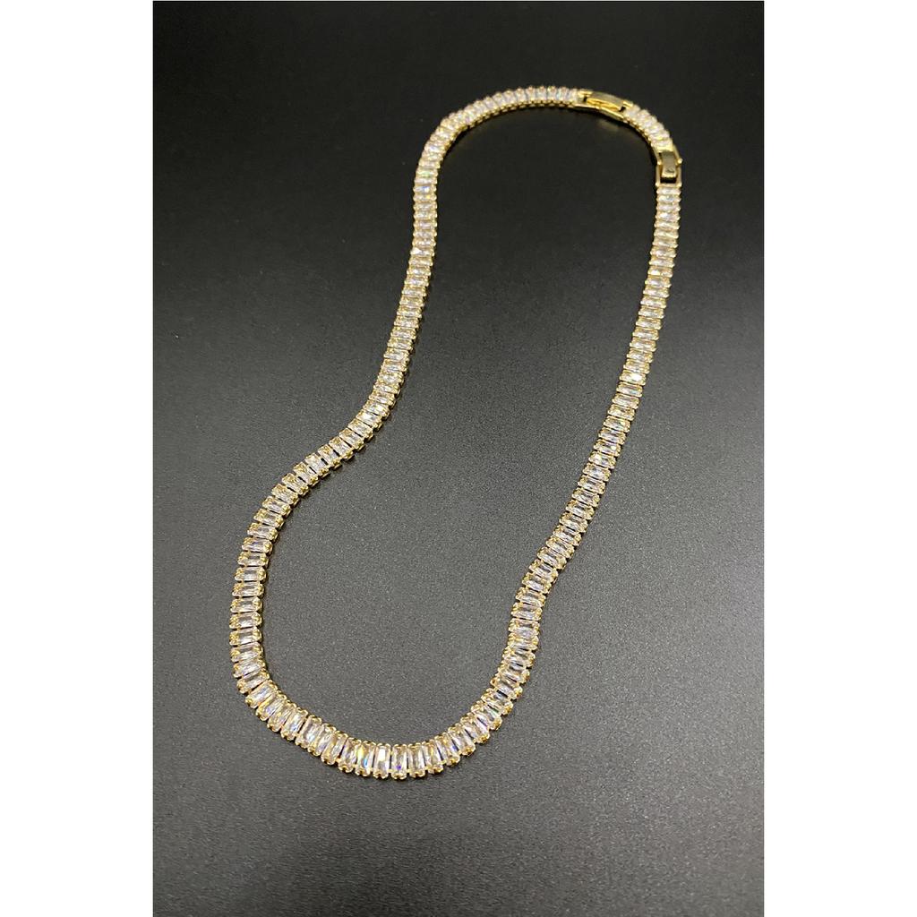 Women's Silver Zircon Baguette Waterway Necklace Earring Bracelet Jewelery Set Suit