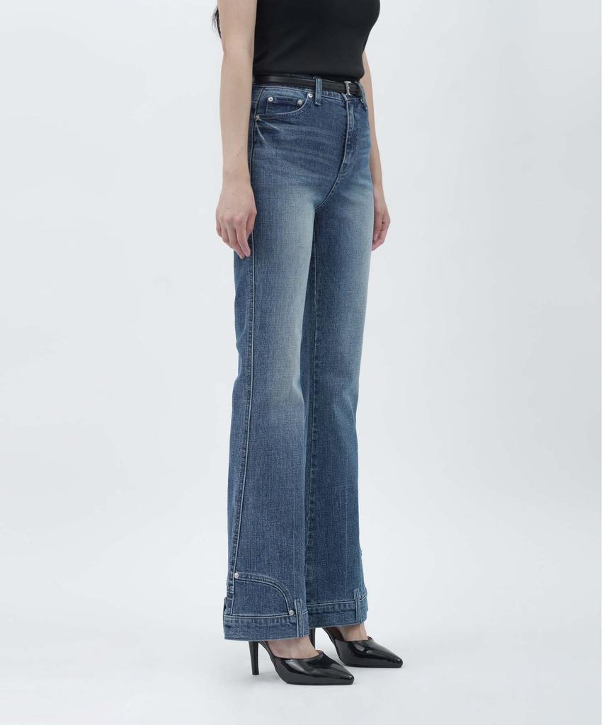 GOLDPERCENT Eyelet Hem Waistband Point Pocket Washed Bootcut Design Denim (Medium Blue / Women)