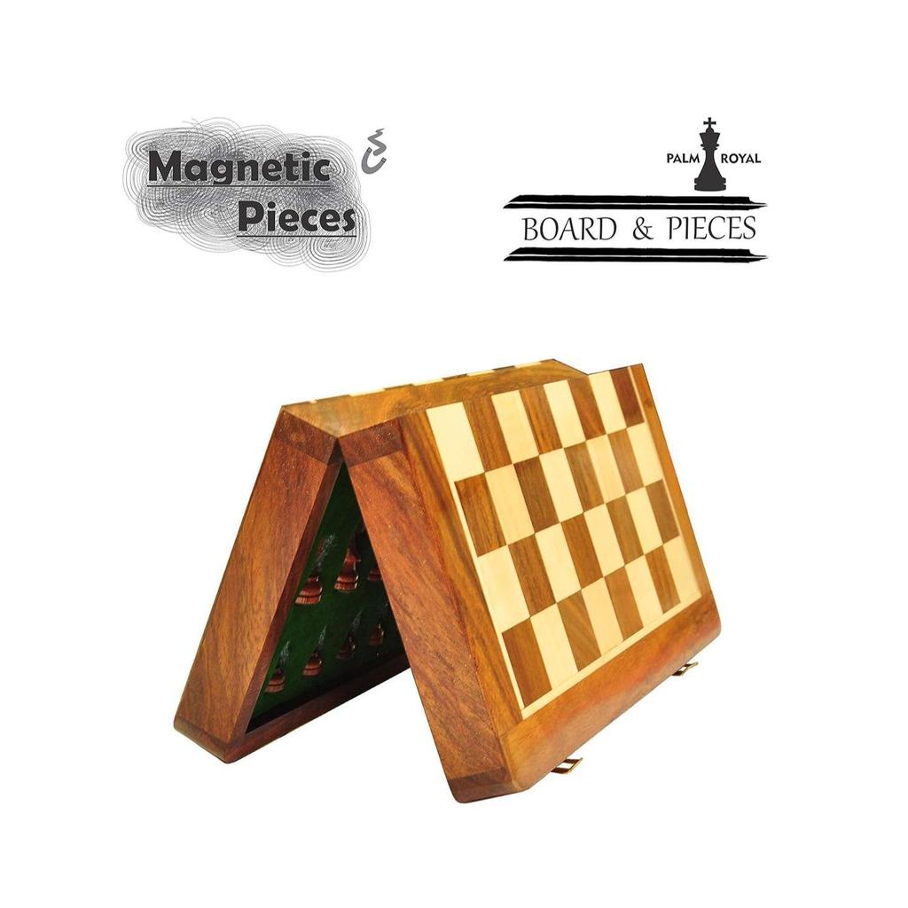 Wooden Handcrafted Foldable Magnetic Chess Board Set with Magnetic Piece and Extra Queens for 2 Players Kids and Adults (10x10 Inches, Brown).