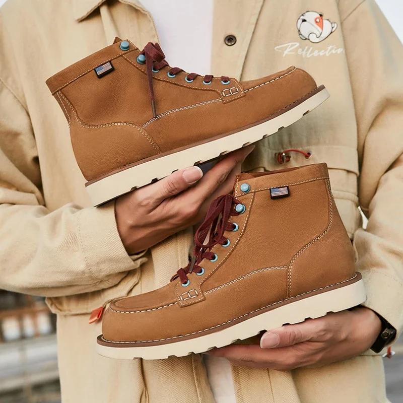 Модные большие желтые ботильоны для мужчин, на шнуровке, нескользящие рабочие ботинки, натуральная кожа, теплая обувь, армейские ботинки 2024 года в стиле ретро