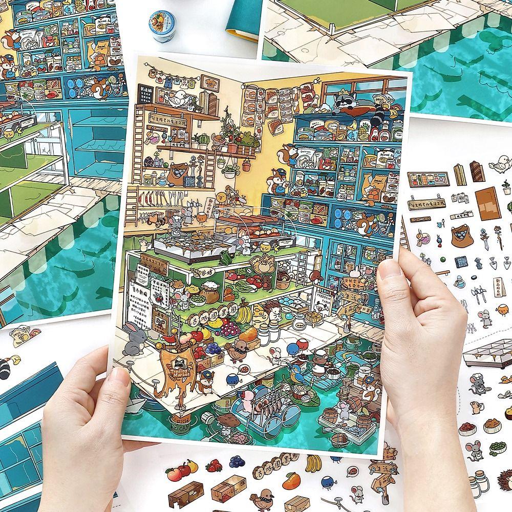 New Food Street Series Miniature Landscape Sticker PET Large Size 3D Landscape Sticker DIY Cartoon Toy Game Stickers Gift