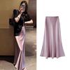 Women's Spring Summer High-Waisted Slimming Mid-Length Satin Bodycon Mermaid Hem Long Skirt with Drapey Fabric