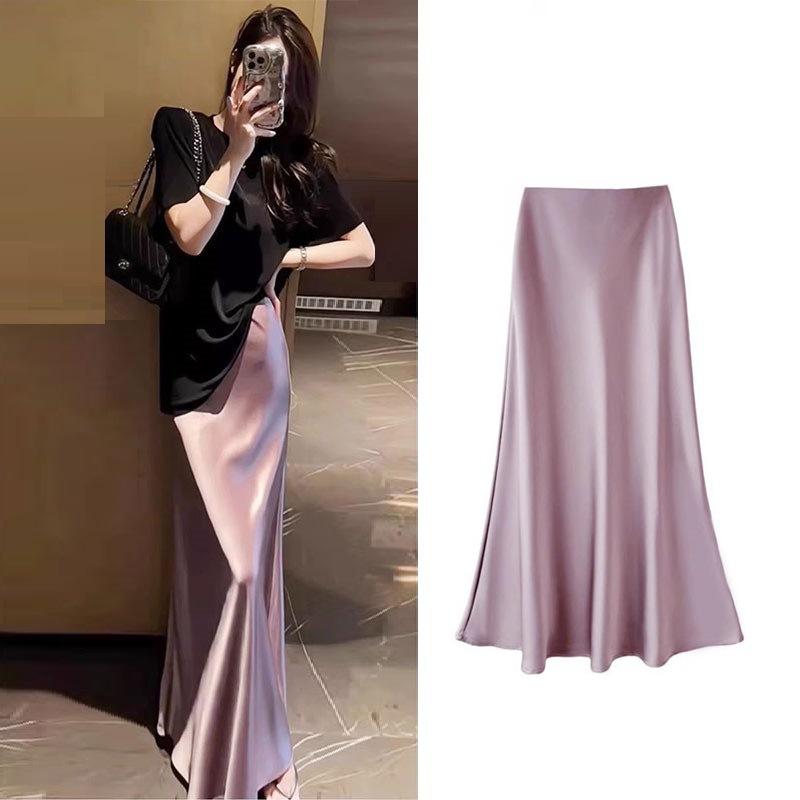 Women's Spring Summer High-Waisted Slimming Mid-Length Satin Bodycon Mermaid Hem Long Skirt with Drapey Fabric