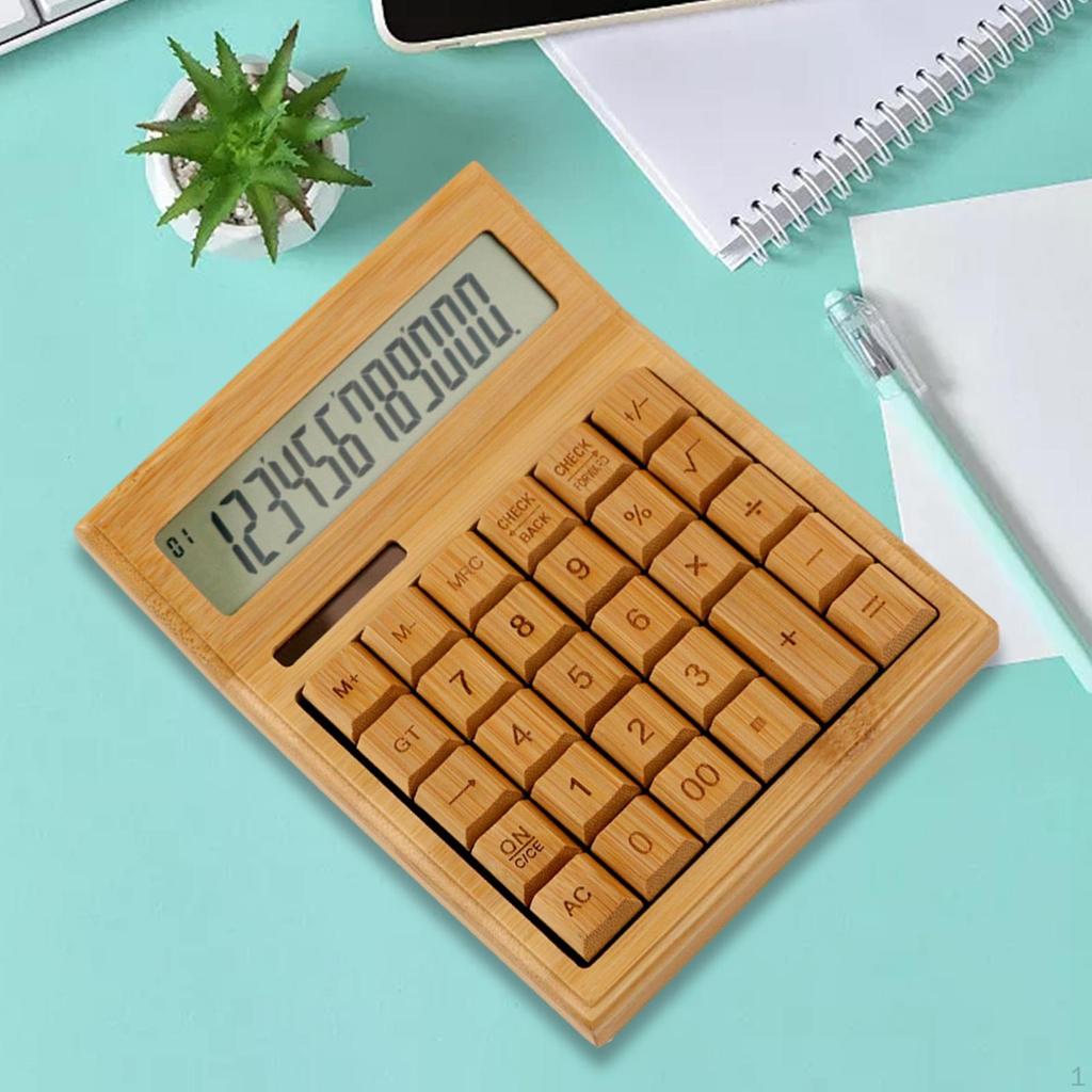 Калькулятор на солнечных батареях, 12-значный настольный калькулятор, бамбук, большие кнопки, простой в использовании для студентов