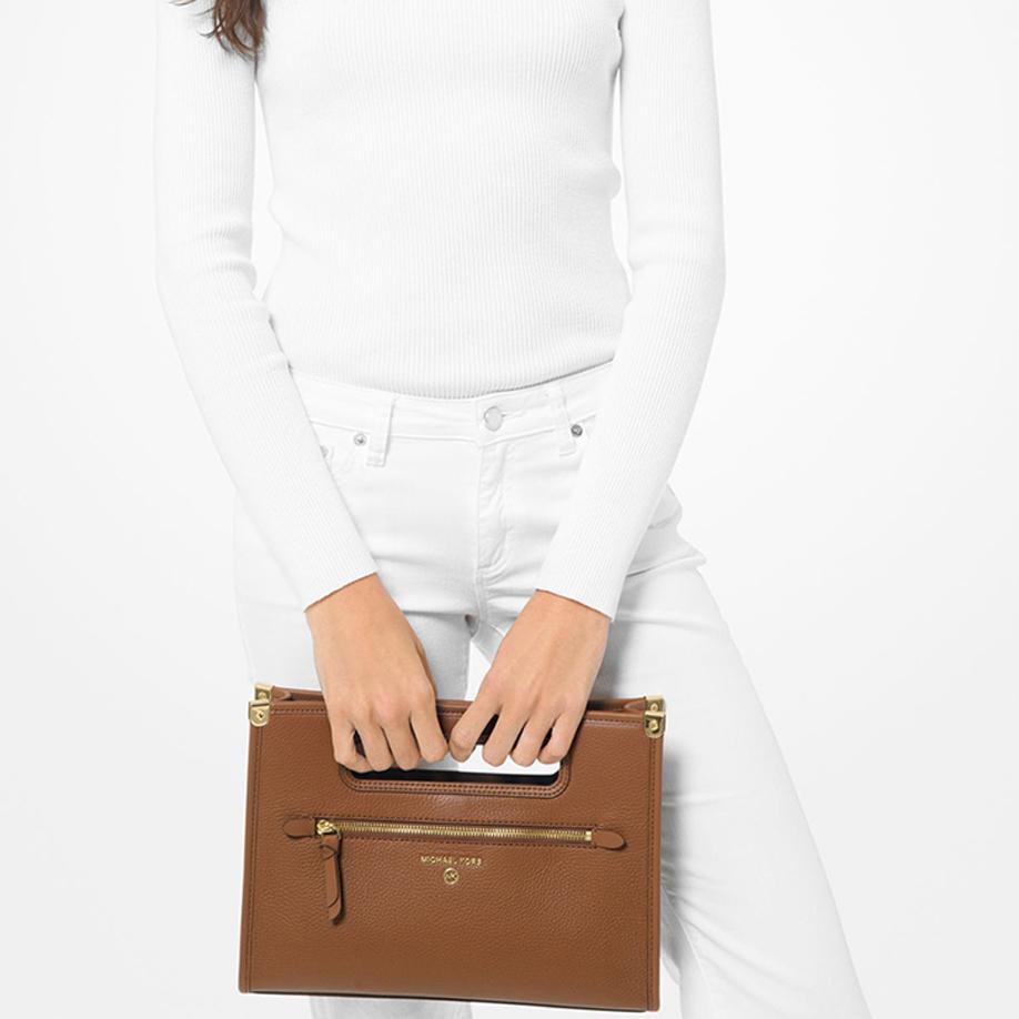 Michael Kors MK Jane Однотонная Модная Кожаная Сумка-Клатч на Молнии Кошелек для Мелочи Большая Женская Сумка-Тоут для Поездок Коричневая 30T1GJBC3L-LUGGAGE