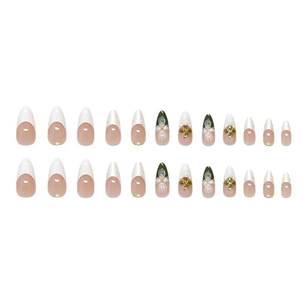 24Pcs Flower Press on Nails Green Fake Nails Medium Almond Shaped Pearl with Gold Beads Design 5D Spring Floral Glue on Nails Artificial White French
