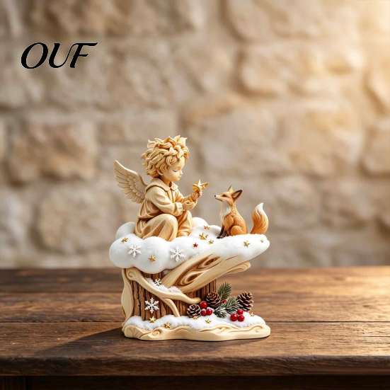 Holiday Window Decorations Fairy Tale Little Boy and Fox Wooden Figurine, Rustic Desktop Statue, Artistic Carved Detailed Animal Sculptures Sculpture