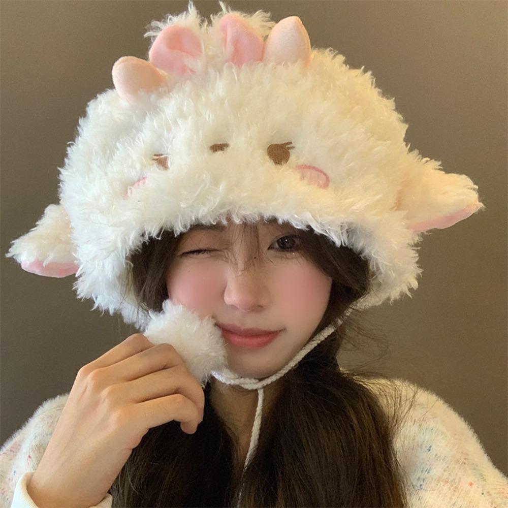Fluff Sheep Ear Bucket Hat Soft Dome Hat Y2K Plush Pullover Hat Outdoor