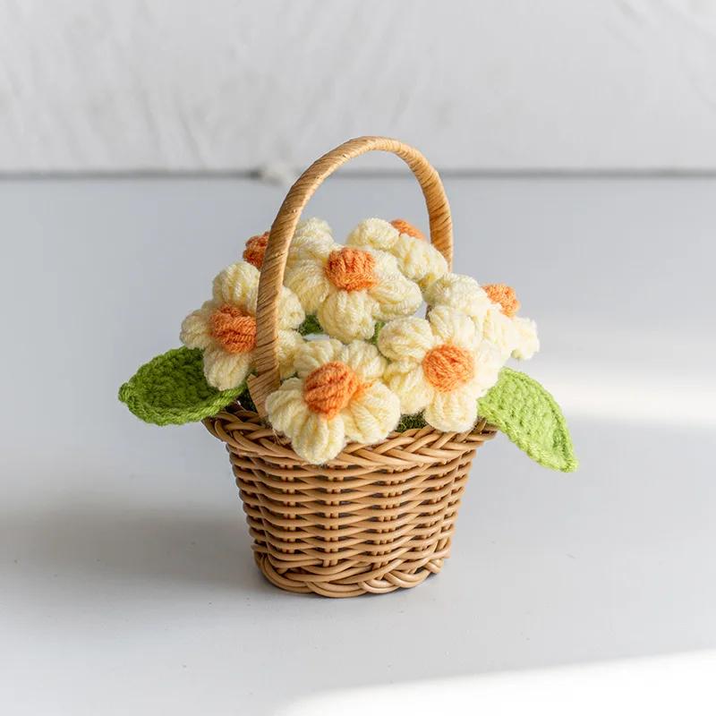 Creative Knitted Sunflowers Hand-knitted Flower Woven Rattan Potted Wedding Ornament Office Desktop Decor Graduation Flower