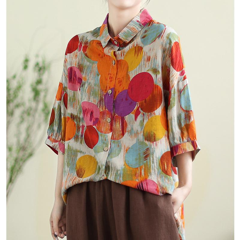 Летний топ для женщин, тонкая хлопковая льняная блузка с лацканами, рубашка с короткими рукавами и заниженными плечами, свободная рубашка с художественным принтом