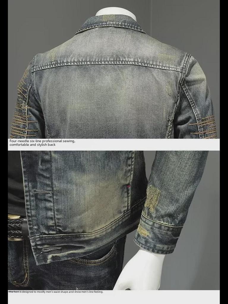 Мужская джинсовая куртка в стиле ретро с рваными краями — повседневный, модный, универсальный топ на осень/зиму