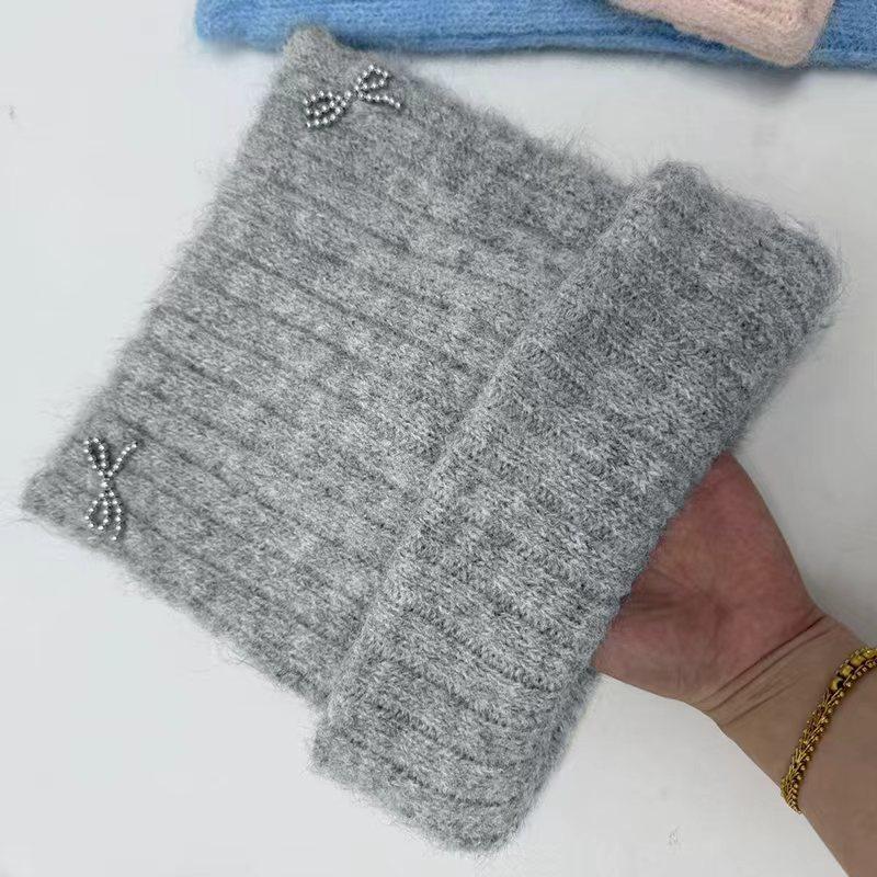 Autumn and winter hat women's bow cat ears knitted hat big head circumference showing face small warm wool hat
