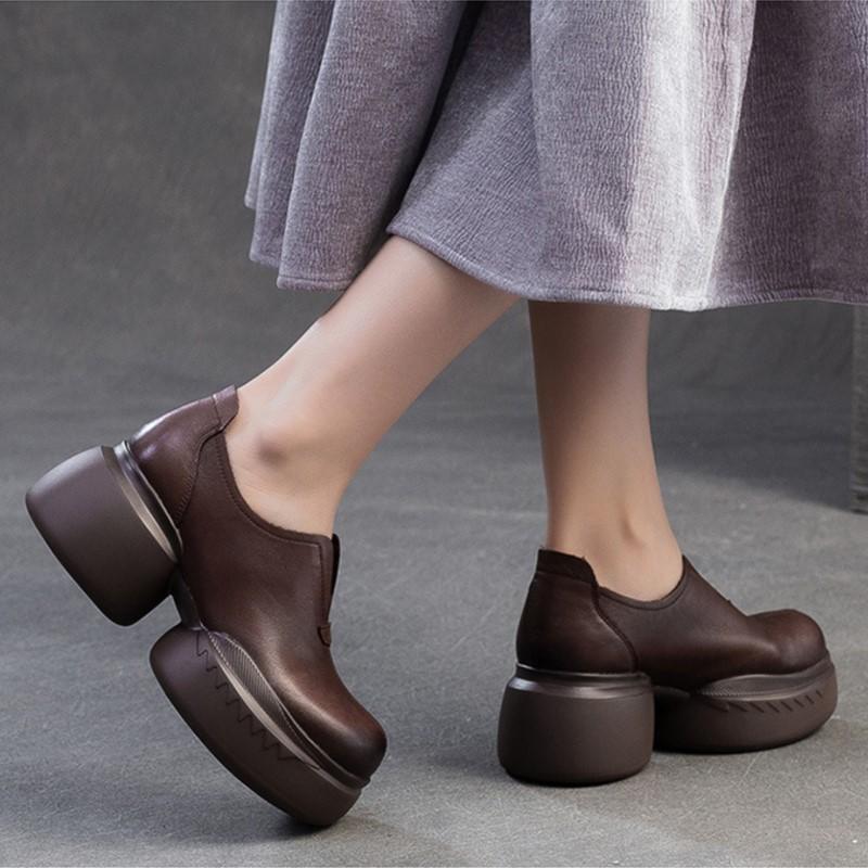Fashion GKTINOO 2025 Spring Autumn Thick Sole Genuine Leather Shoes Comfortable Wedges Handmade Retro Women Shoes Slip On Pumps