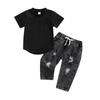 Infant Baby Boys 2 Pieces Outfits, Solid Color Round Neck Short Sleeve T-Shirt Tops + Ripped Jeans Denim Pants Set