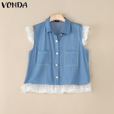 Женские кружевные лоскутные безрукавные топы-майки с лацканами и пуговицами в стиле кэжуал