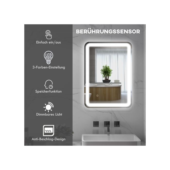 Kleankin Зеркало для ванной комнаты со светодиодной подсветкой, 50 x 70 см, с 3 цветовыми режимами и сенсорным выключателем, IP44