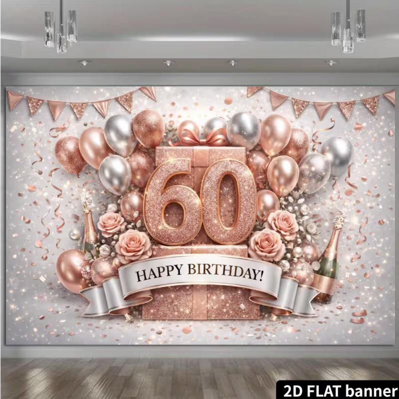 2D Rose Gold 60th Birthday Backdrop with Flowers & Gift Box Party Banner