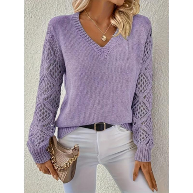 Fashion Long Sleeved V-neck Hollow Out Pullover Sweater Women Lace Loose Casual Top Solid Color Knitted Ladies Sweaters Autumn Winter Office Clothing